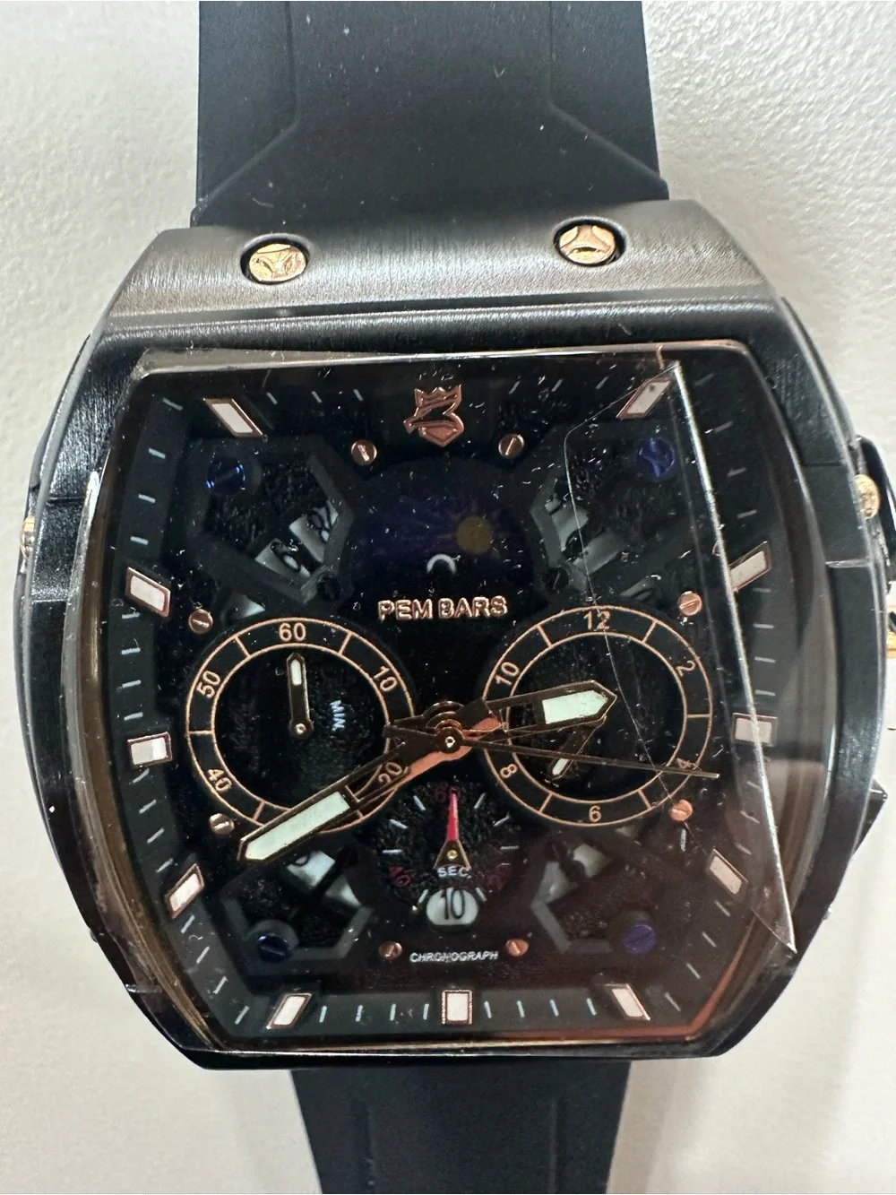PEM Bars Postal Express Mint Chronograph Quartz Black Rubber Steel Watch Silicon